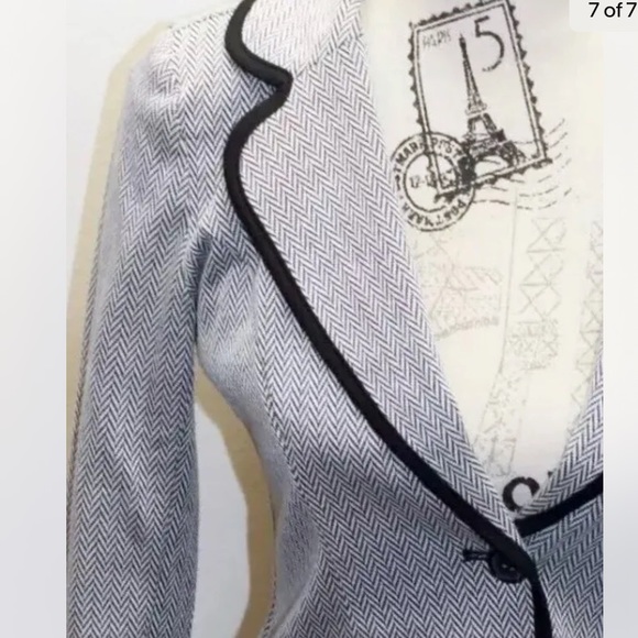 Monteau Women Cropped Herringbone Black White with contrast Piping Blazer Small - Picture 3 of 8